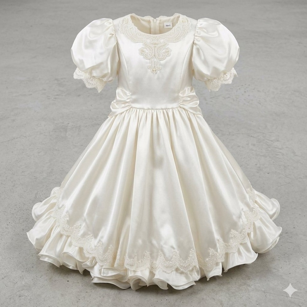 Vintage Mon Cheri Bridals Flower Girl Dress Kid Size 6 Ivory Satin Beaded Ruffle